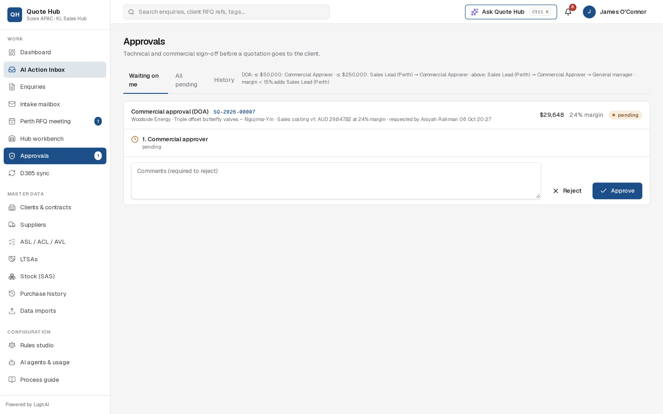 Approvals page showing one commercial approval waiting on the commercial approver