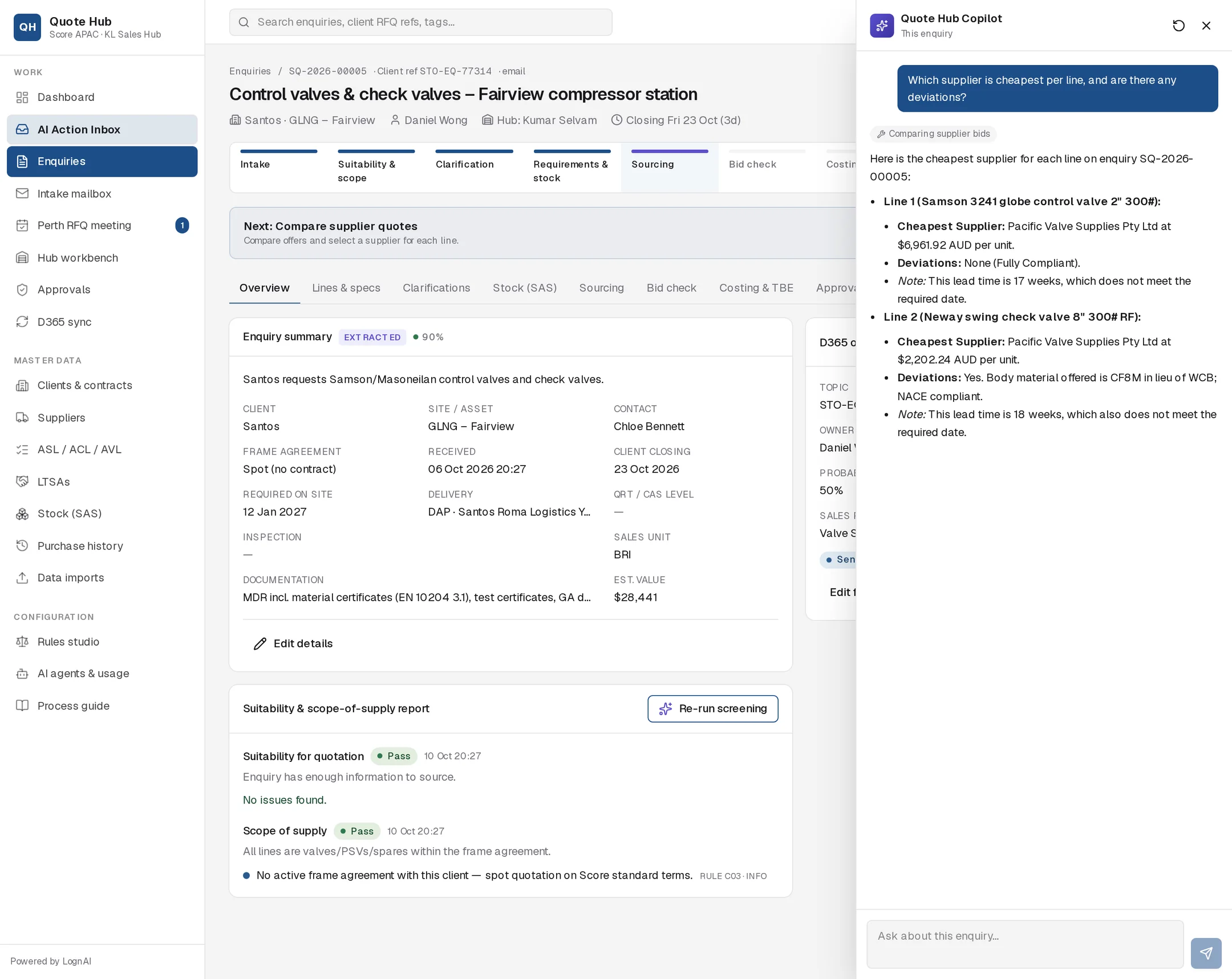 Quote Hub Copilot panel on enquiry SQ-2026-00005 answering which supplier is cheapest per line and listing deviations