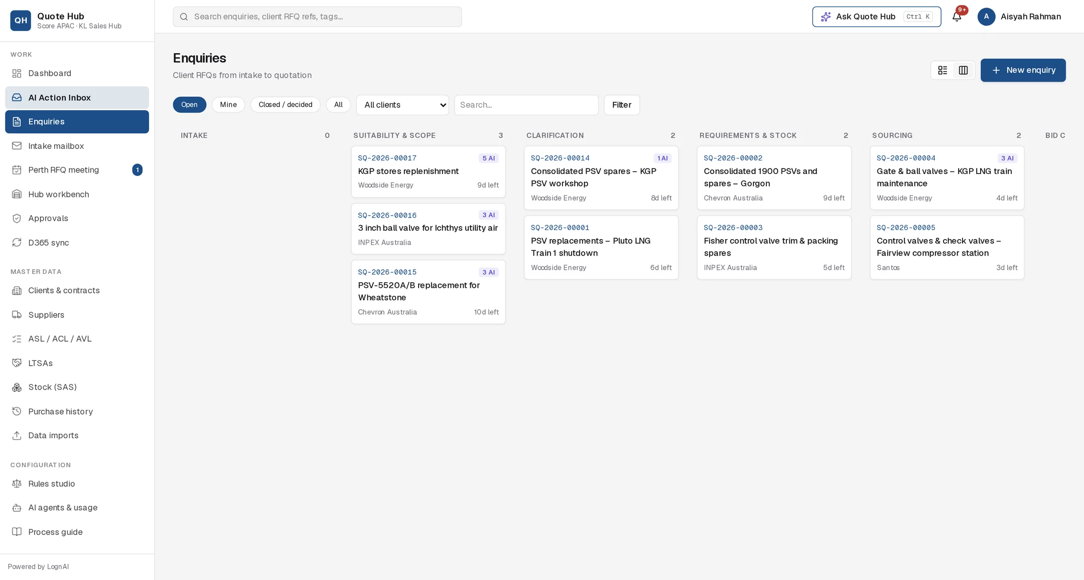 Enquiry board with one column per stage