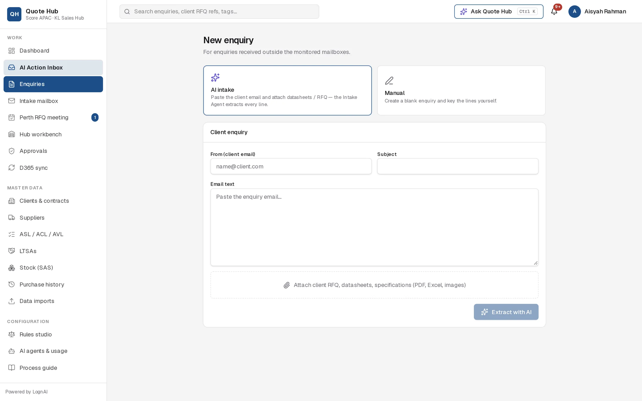 New enquiry page with AI intake and Manual options