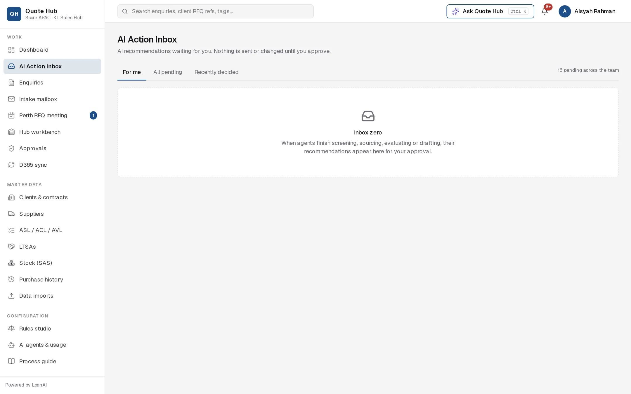 AI Action Inbox For me tab showing Inbox zero, with 15 pending across the team
