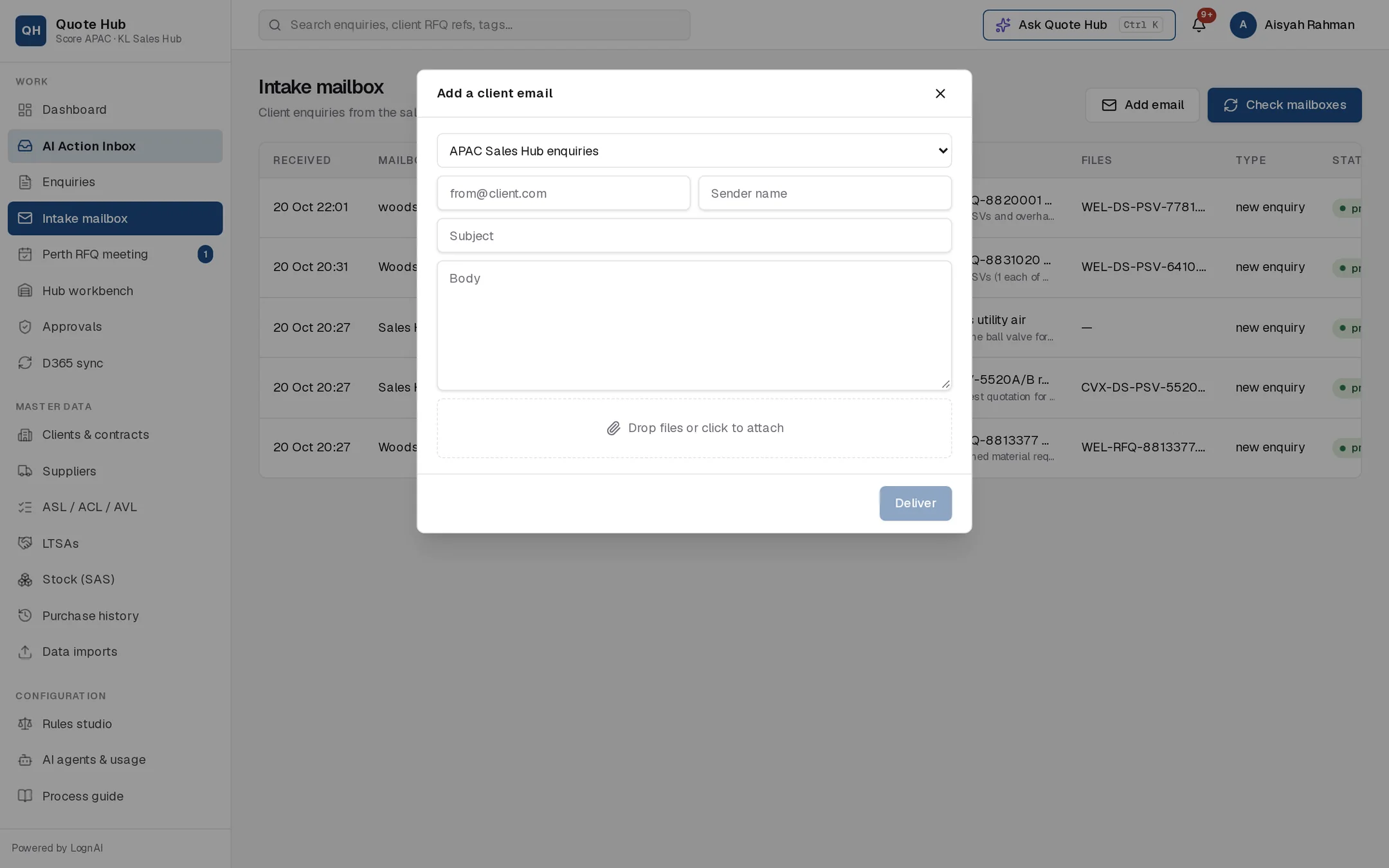 Add a client email dialog with mailbox, sender, subject, body and attachments