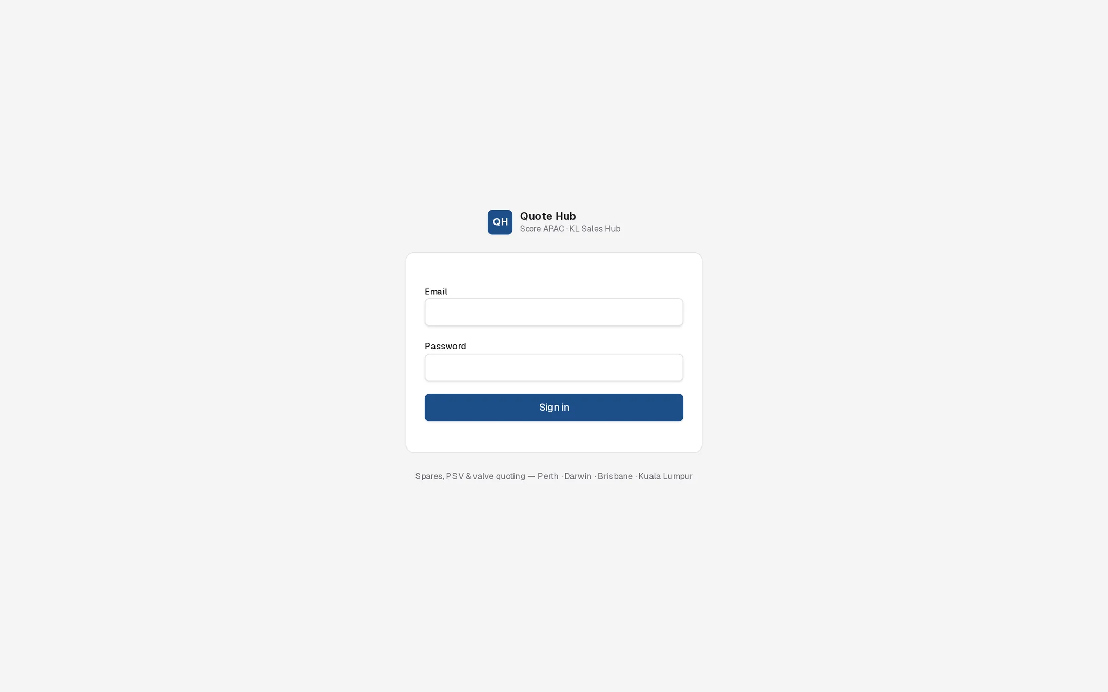 Quote Hub sign-in page with Email and Password fields