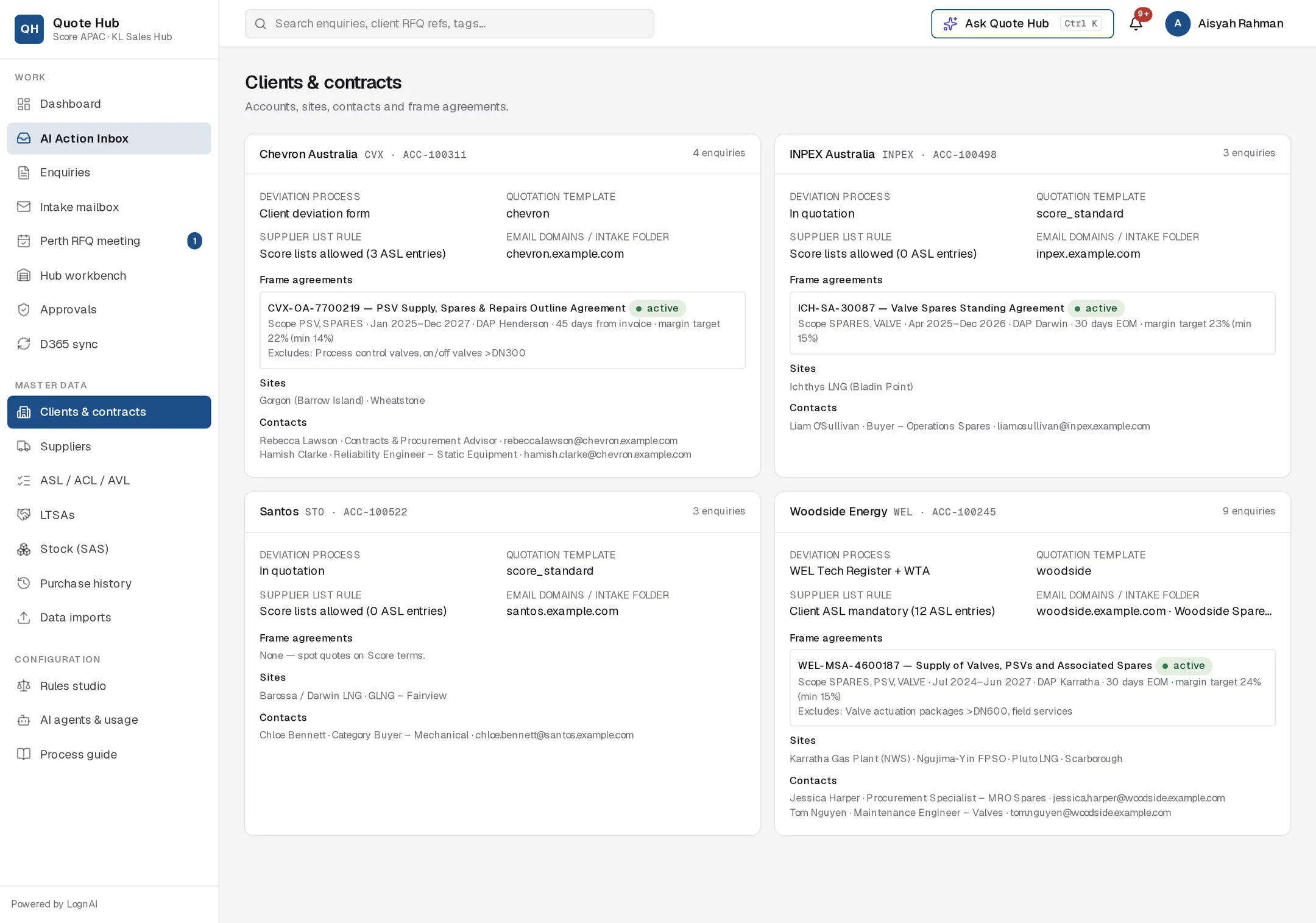 Clients & contracts page with cards for Chevron, INPEX, Santos and Woodside