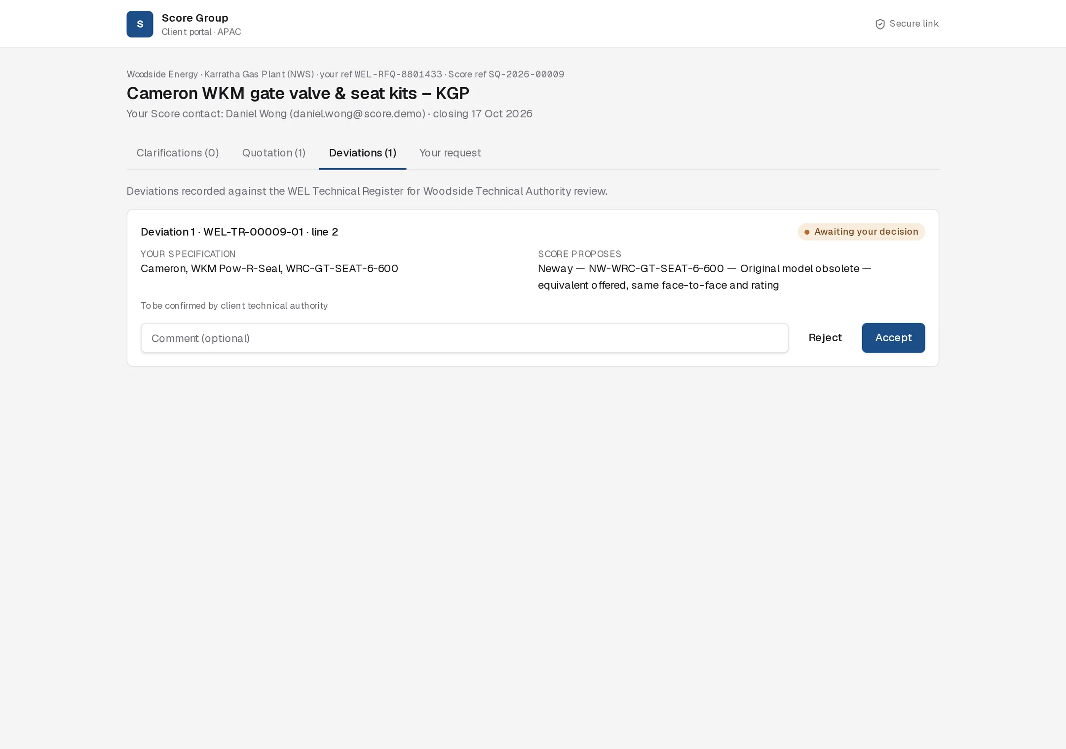 Client portal Deviations tab with the client's specification, Score's proposal and Accept and Reject buttons