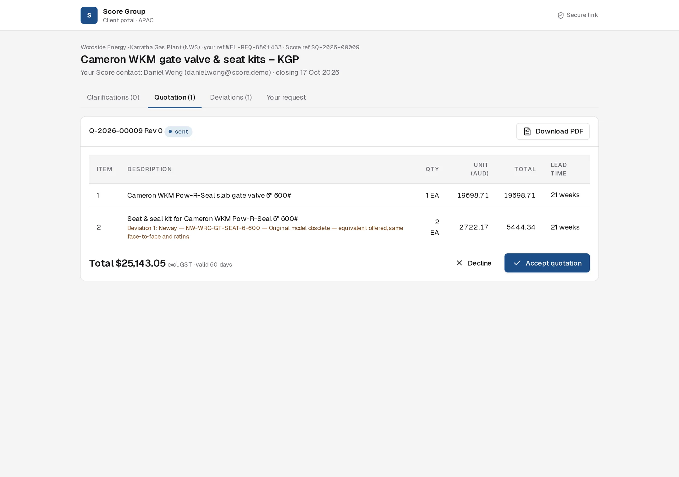 Client portal Quotation tab with the cover letter, priced lines, total and Accept quotation and Decline buttons