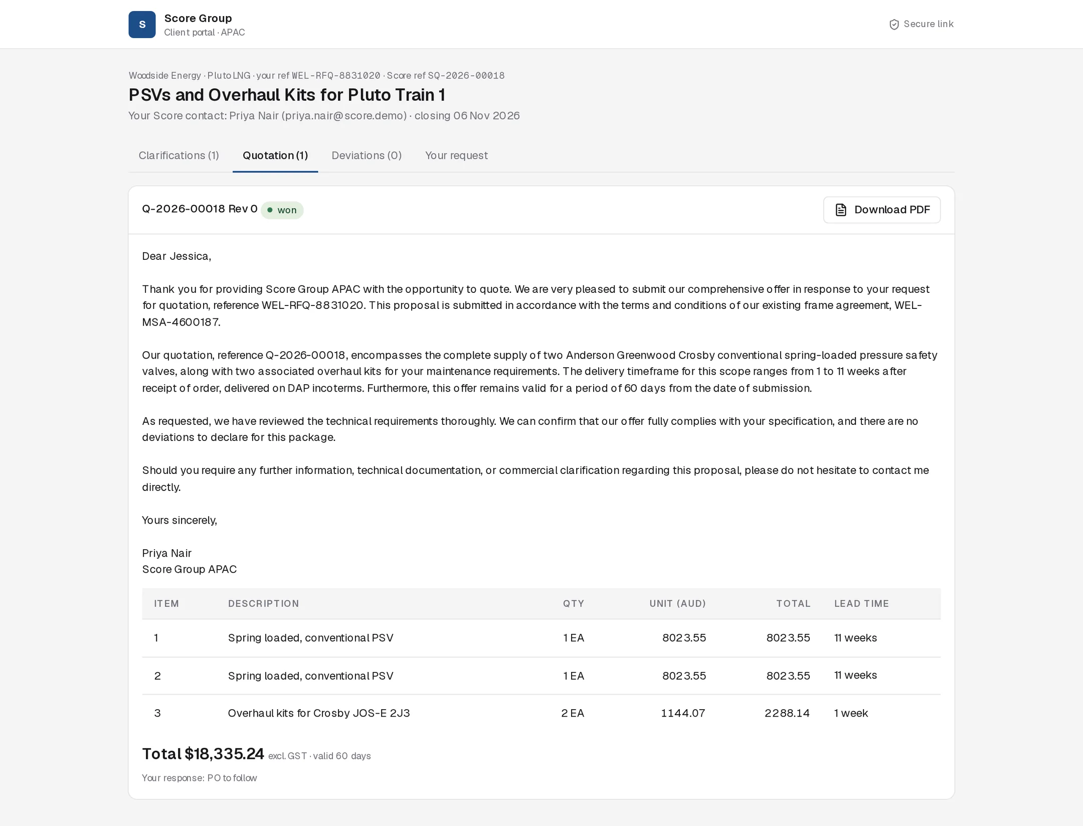 Client portal Quotation tab after the client accepted the quotation, with the client's response