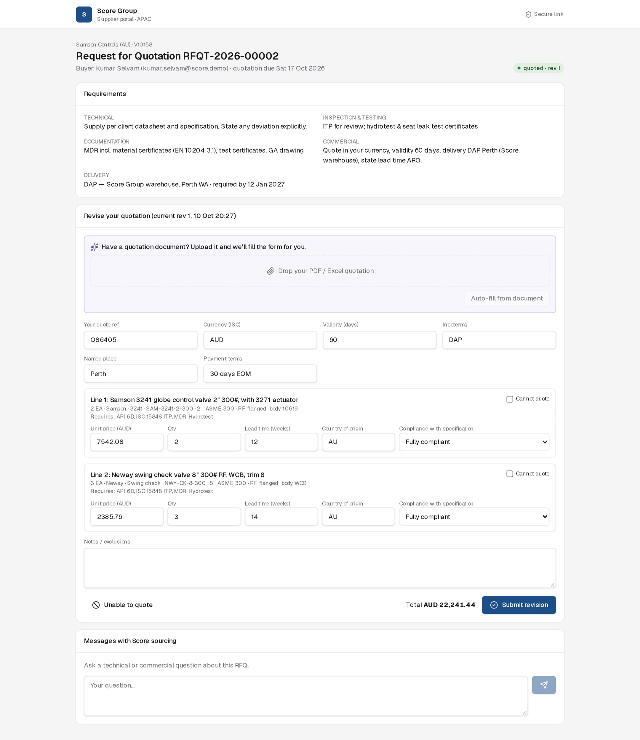 Supplier portal for RFQT-2026-00002 with status quoted rev 1 and a Revise your quotation form