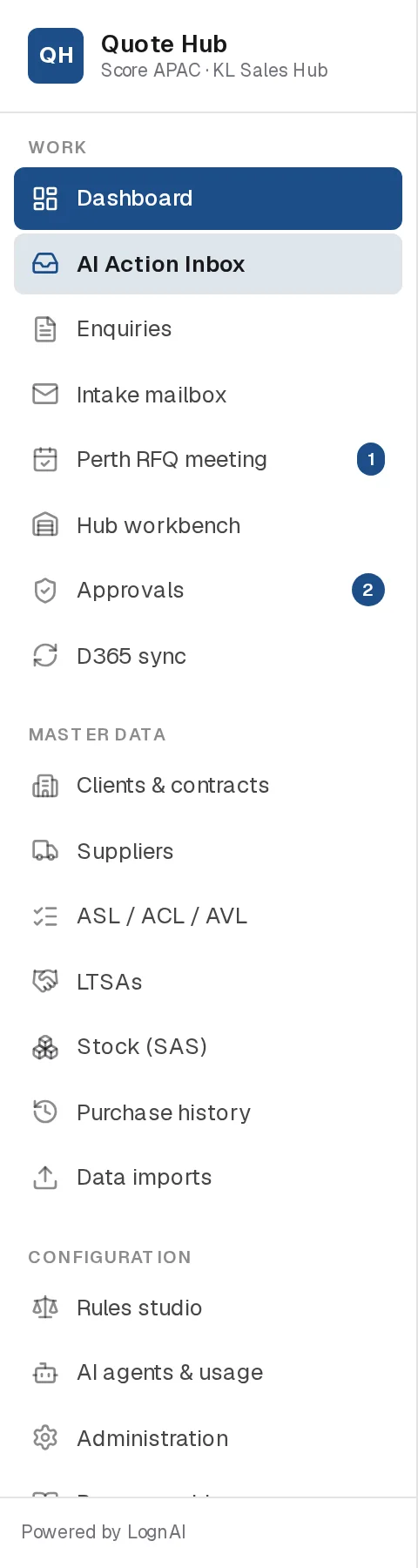 Quote Hub sidebar with Work, Master data and Configuration sections