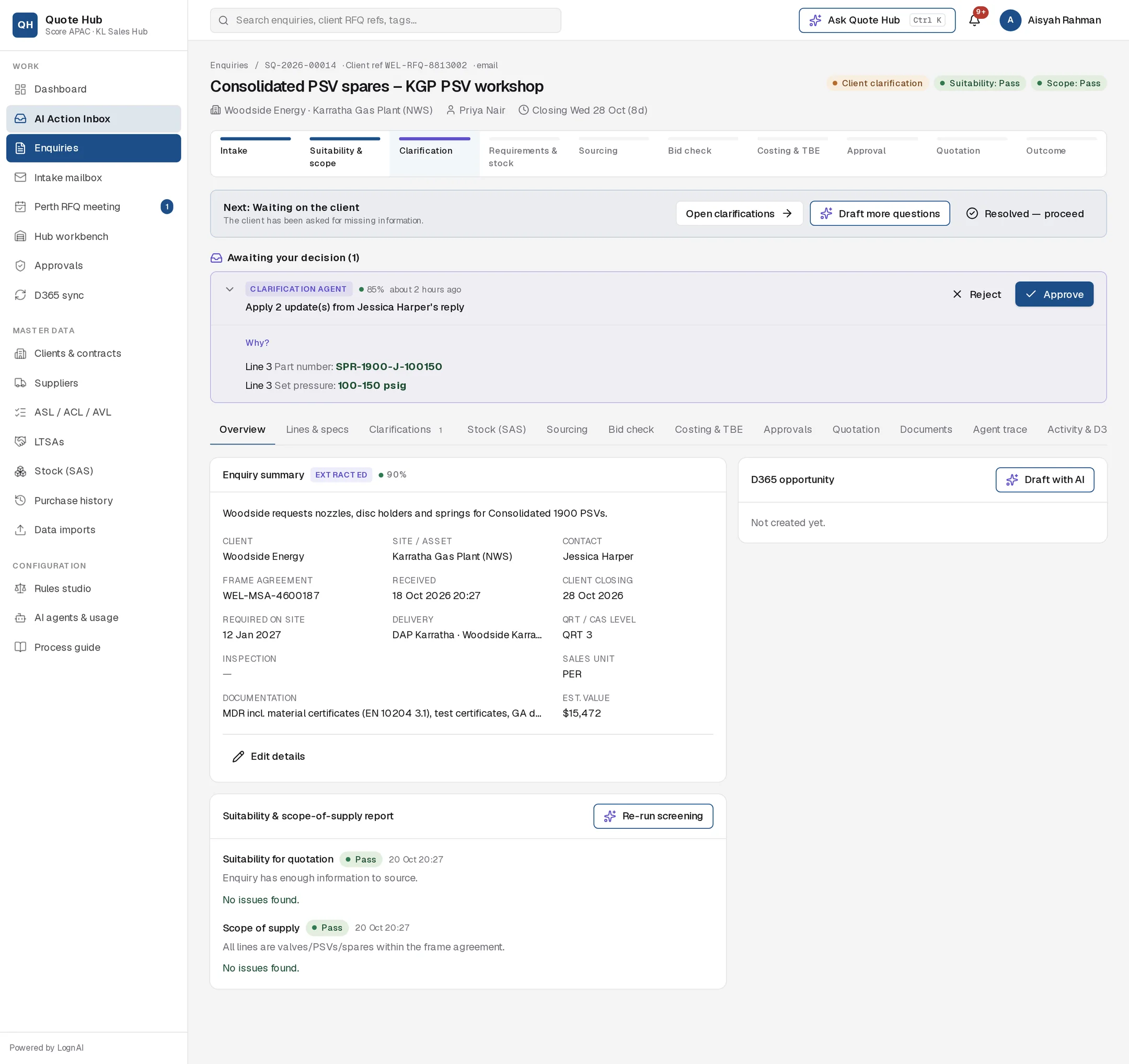 Overview while waiting on the client, with a proposal to apply two updates from the client's reply