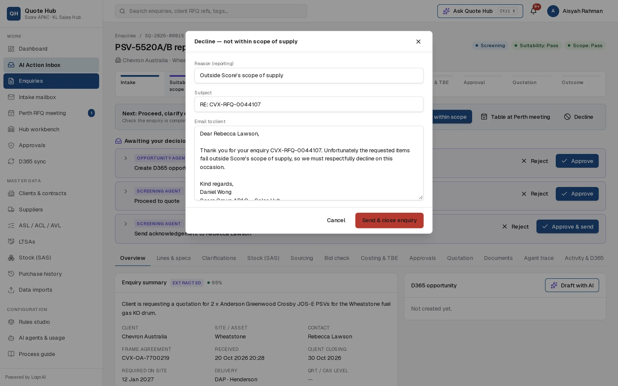 Decline dialog with reason, subject and email to the client