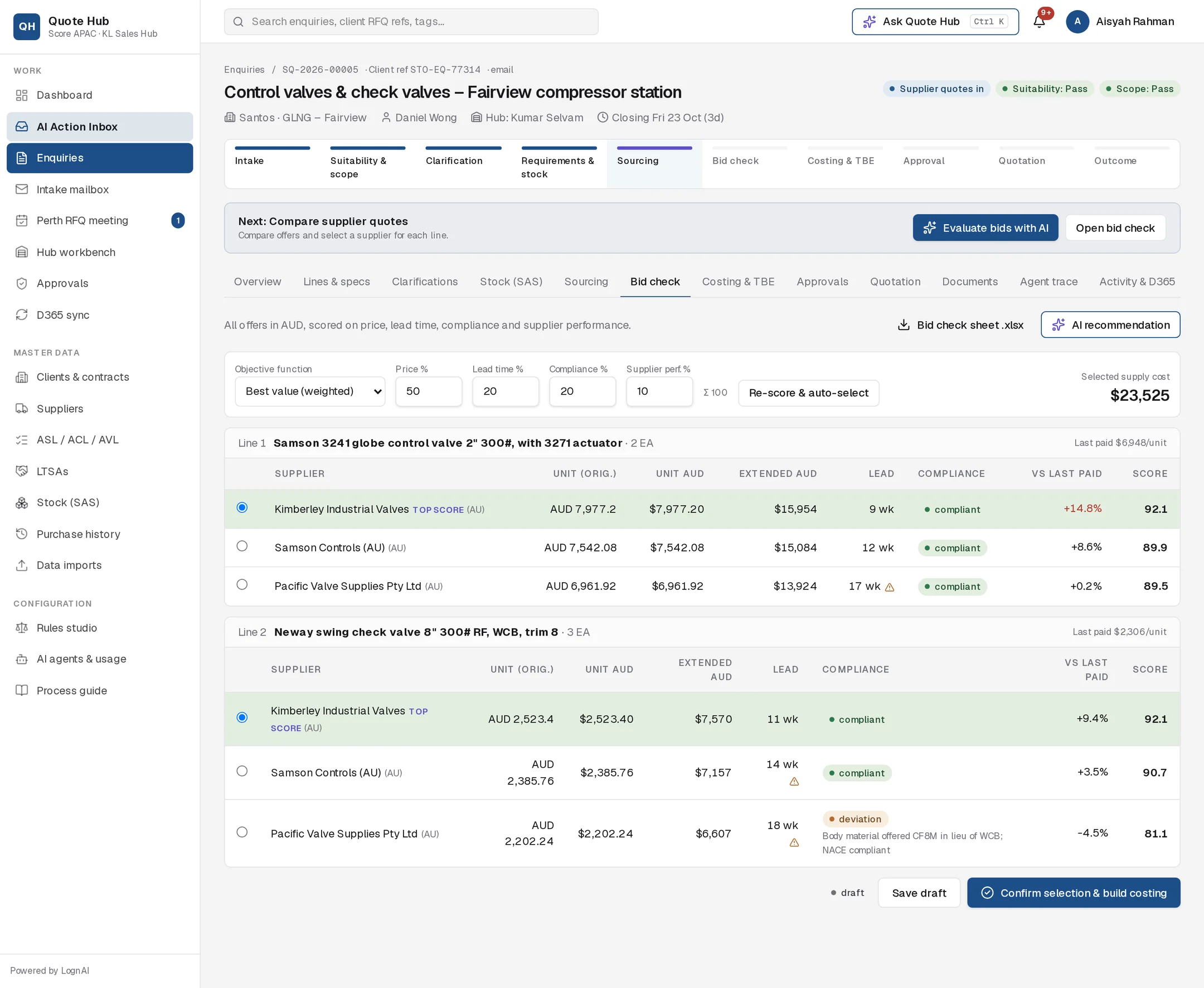 Bid check tab with three supplier offers on each of two lines, one offer flagged as a deviation