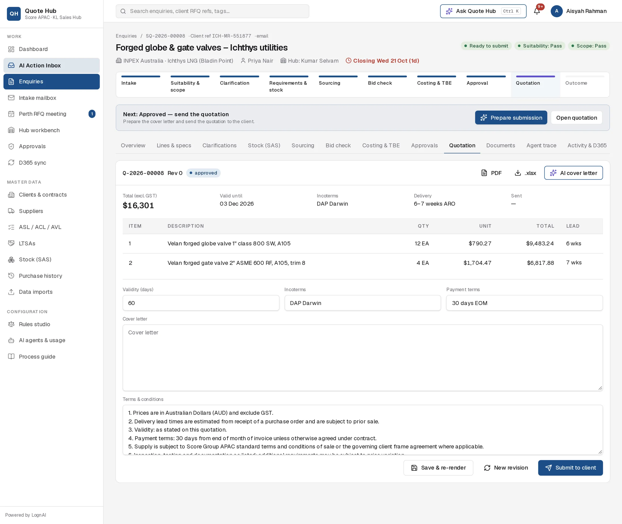 Quotation tab for Q-2026-00008 Rev 0, approved and ready to submit