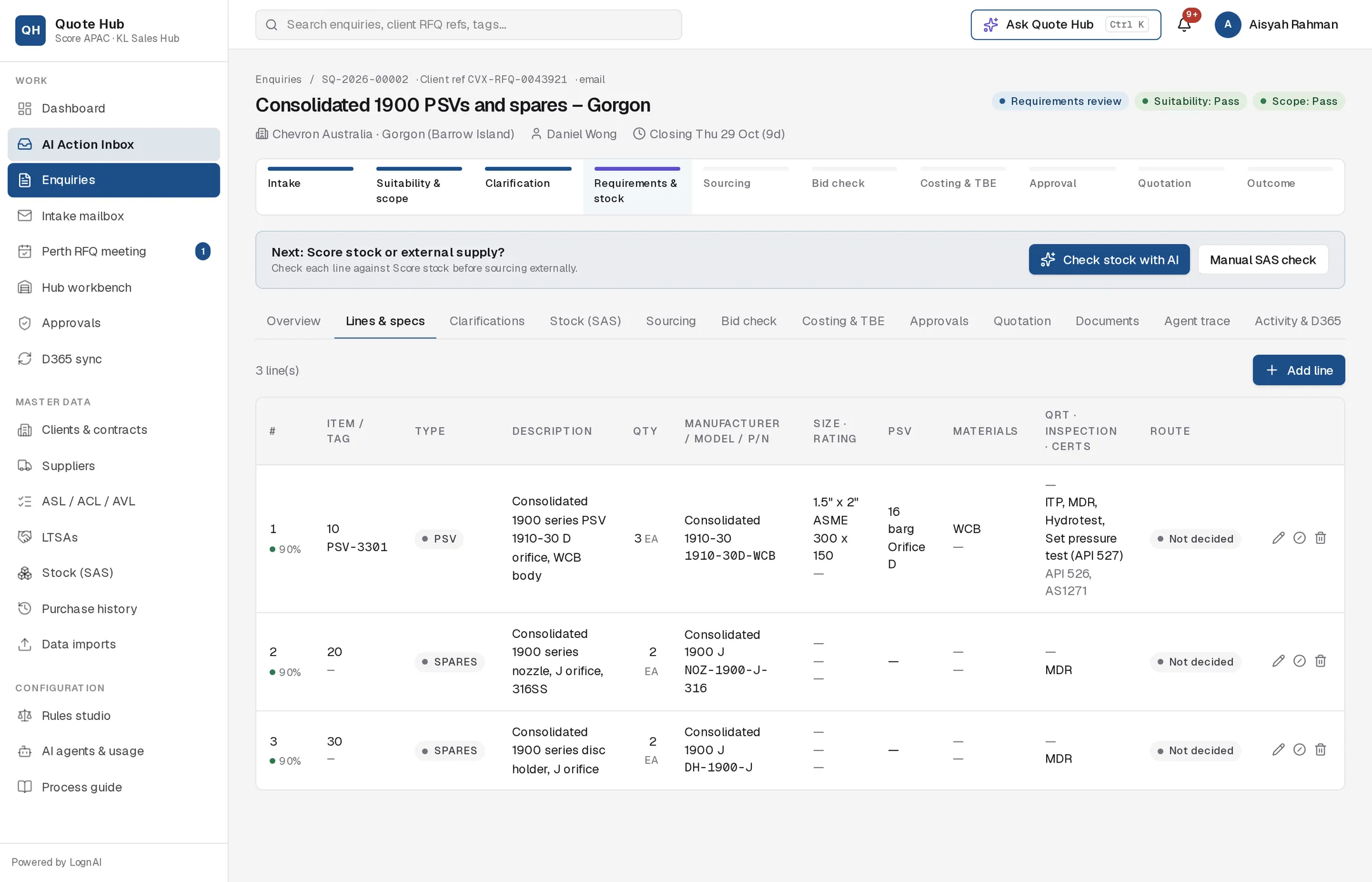 Lines & specs tab with three lines at requirements review