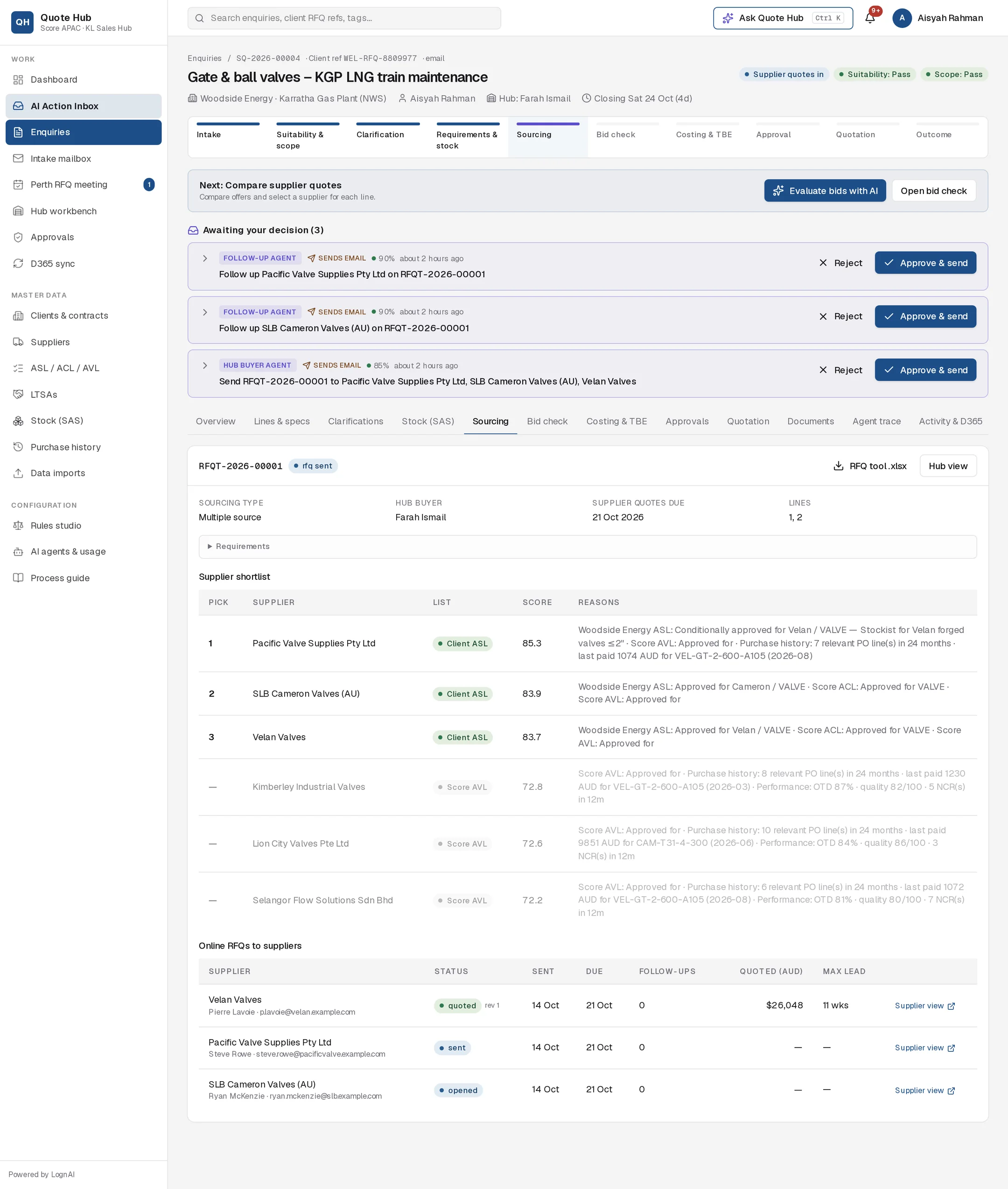 Sourcing tab after the form went to the hub, with RFQs sent to three suppliers and one quote received