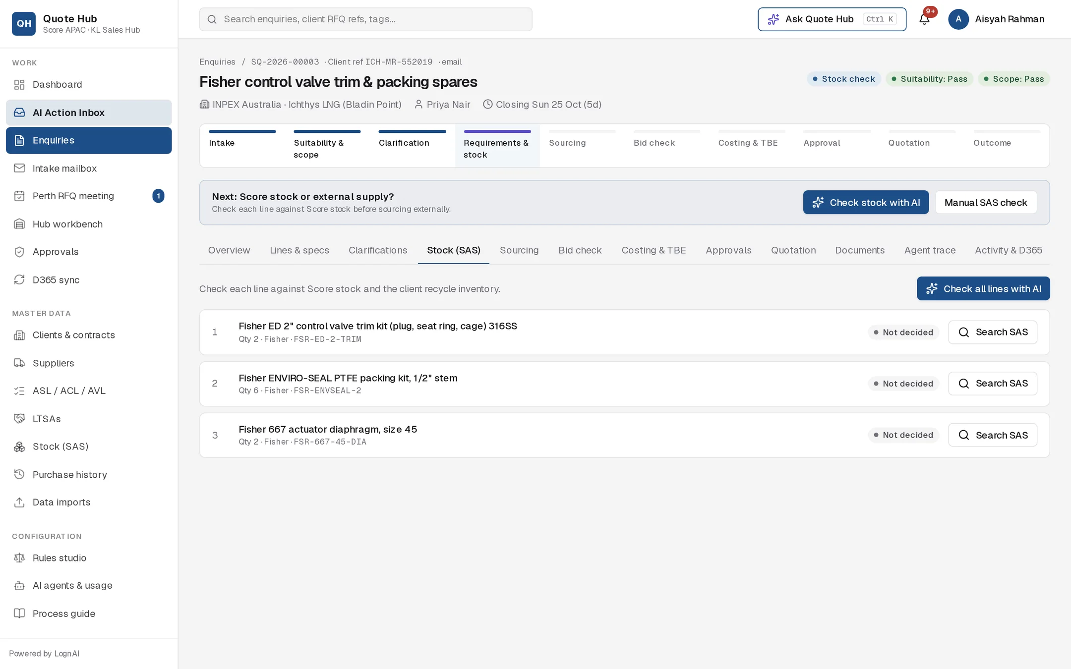 Stock (SAS) tab with three undecided lines and a Search SAS button on each